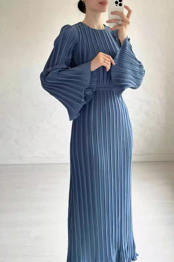 Woochic robe à manches longues évasées col rond plissée bleu 4 S